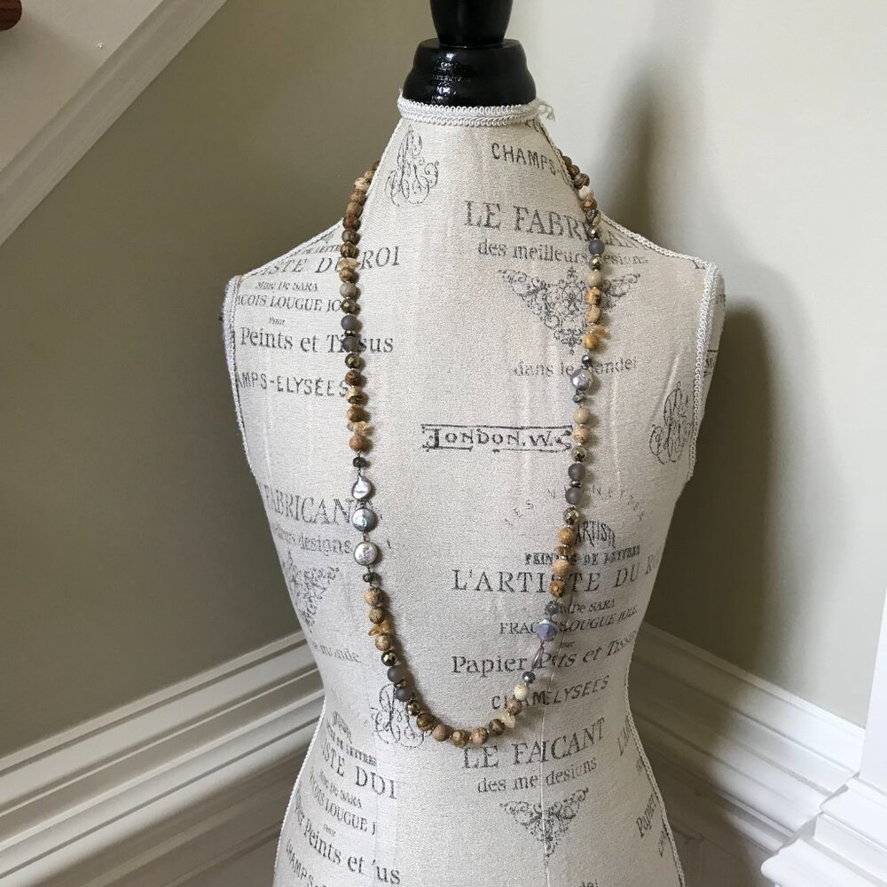 Chan Luu Sunstone Long Classic Beaded Necklace Womens Brown Tan Gold Beads Boho - Picture 3 of 13